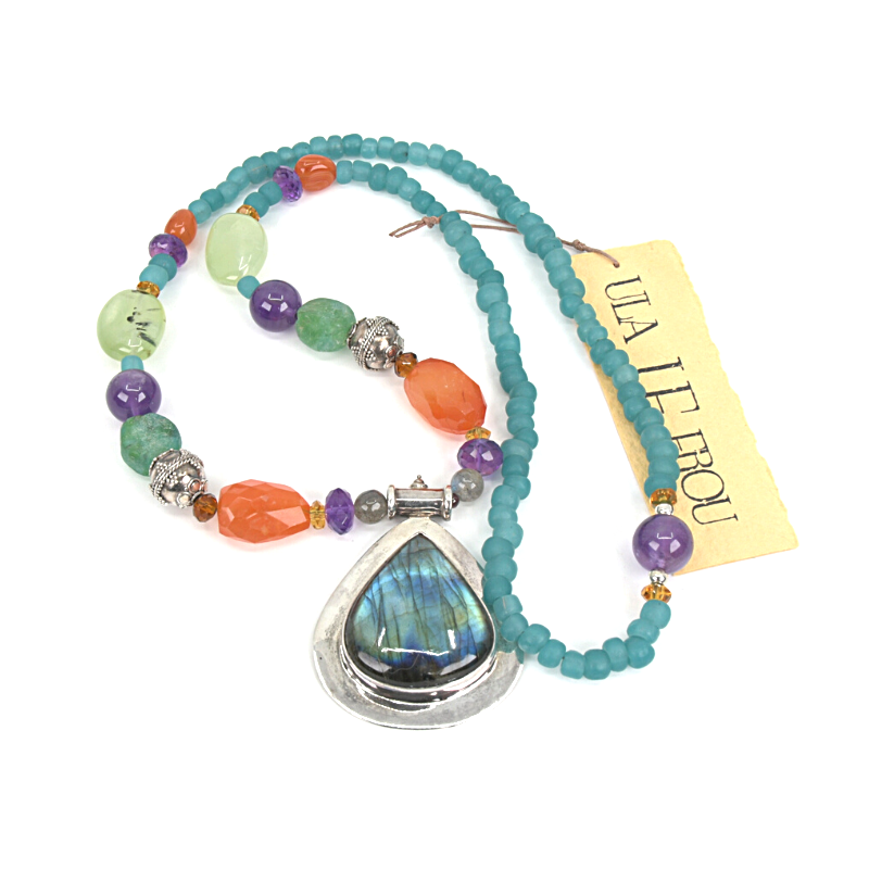 Long beaded necklace with silver and Labradorite pendant, carnelian, amethyst and prehnite stones and silver beads and Indonesian recycled glass beads. Designed and handcrafted by Ula Frou creator Sadie Hodson on Salt Spring Island.